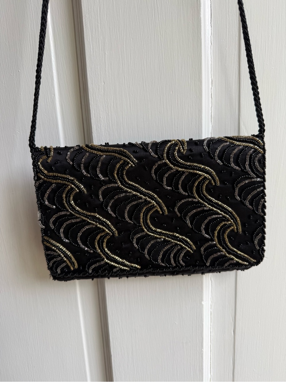 Vintage Black Clutch with Gold Beaded Wave Design